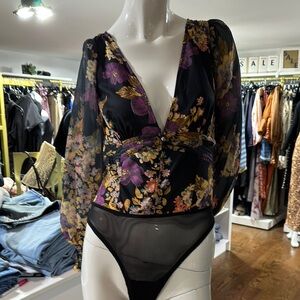 Floral Black Sheer Bodysuit Top